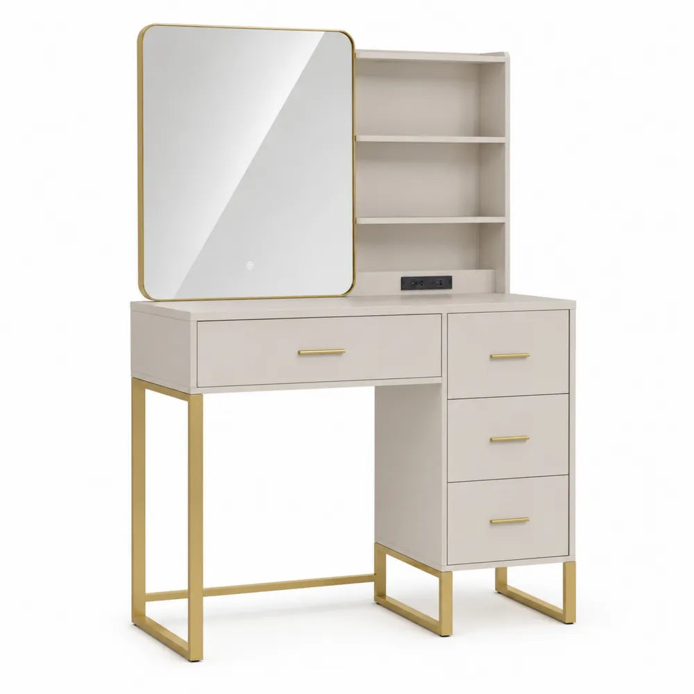 Schminktisch mit Spiegel aus MDF und Edelstahl 120cm Weiß Gold