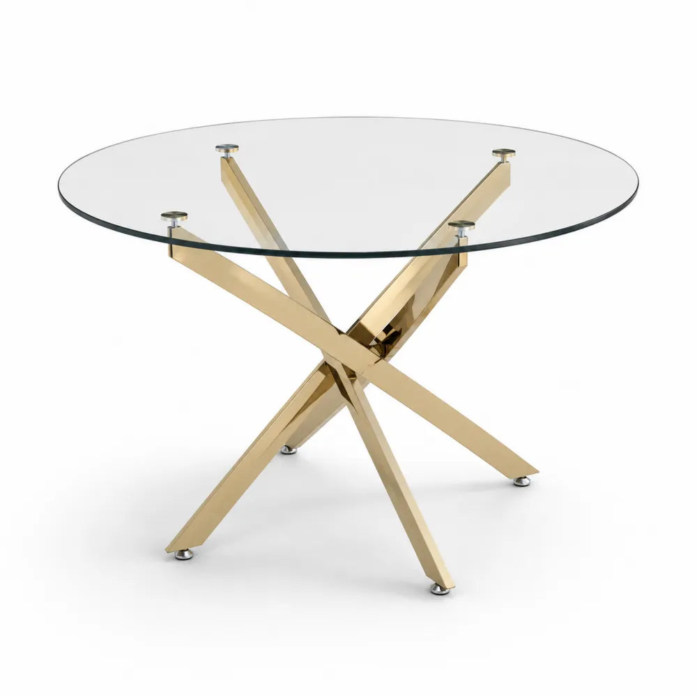 Runder Tisch aus gehärtetem Glas mit Metallgestell, Gold Ø120cm