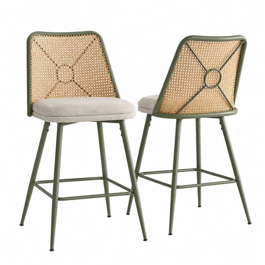 2er-Set Barhocker Metallrahmen mit Rattangeflecht und Polsterung Olivgrün