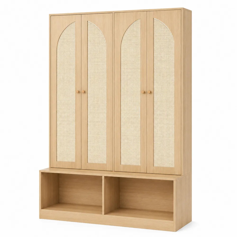 Schuhschrank mit 4 Türen aus Holz und Rattan 180cm x 120cm x 35cm