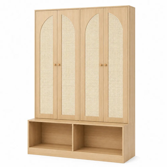 Schuhschrank mit 4 Türen aus Holz und Rattan 180cm x 120cm x 35cm