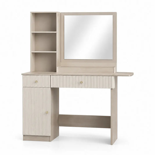Schminktisch aus MDF-Holz mit Spiegel und Regalen, Beige
